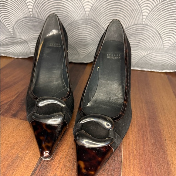 Stuart Weitzman Black Suede Pumps with Tortoiseshell Trim
